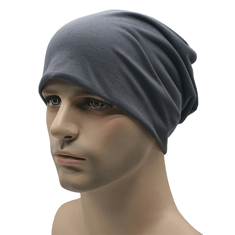 Windproof thin elastic sports beanie for men, stylish lightweight cotton, solid gray, worn for breathable outdoor activities.